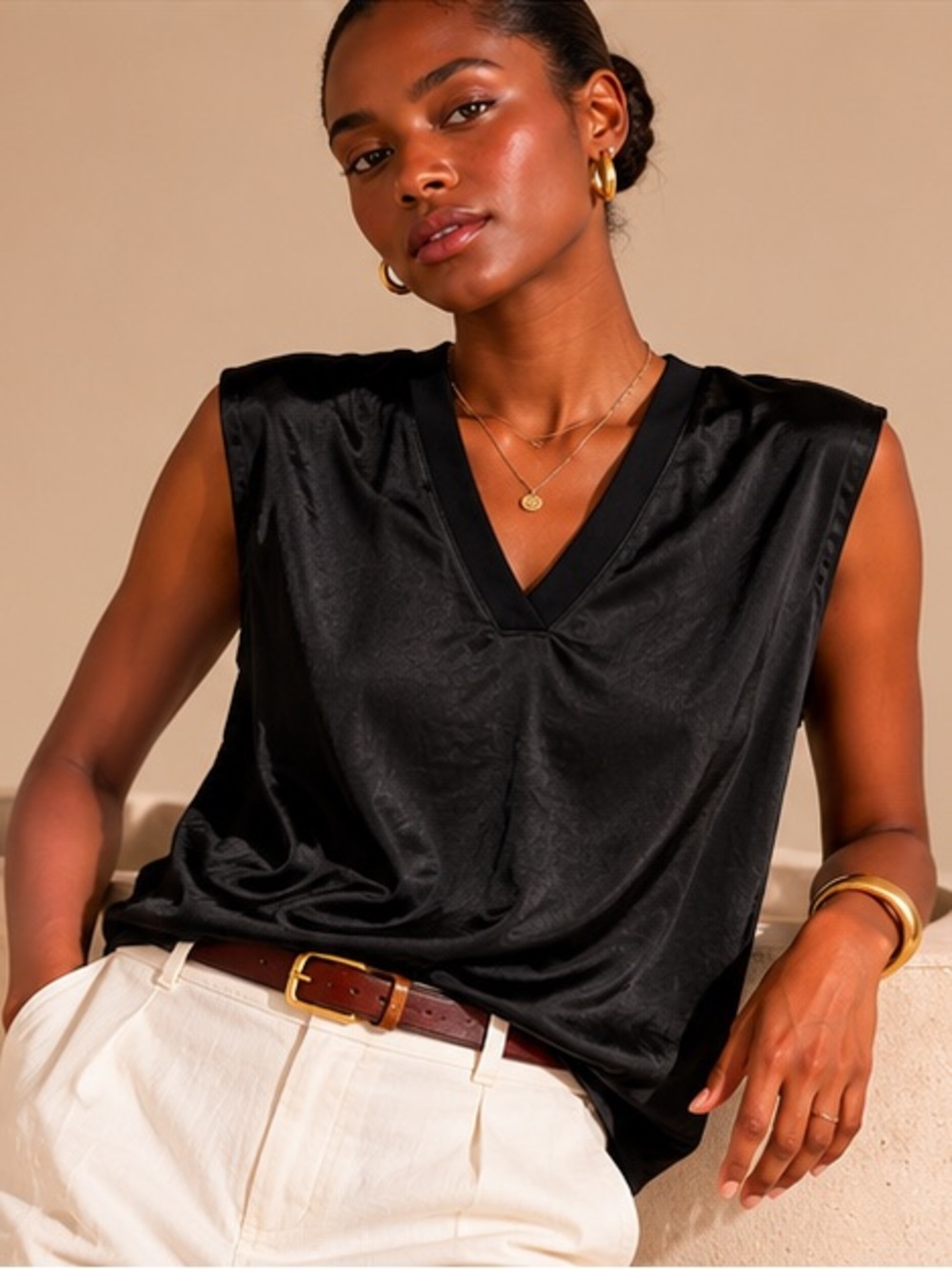 Melissa Nepton Black Satin Sleeveless Blouse Top Large NWT
